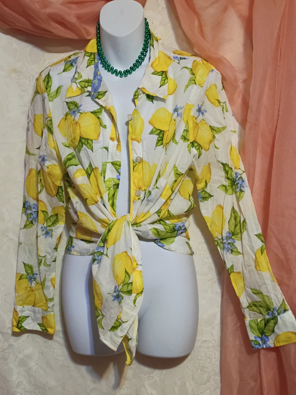 Talbots Ladies Yellow Lemon Print Tie-Front Button-Down Shirt Sz 1X